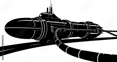 Black submarine vector, futuristic underwater vehicle, military submarine illustration, ocean exploration