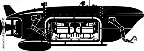 Submarine, underwater vehicle, black and white, vector illustration, nautical, ocean, exploration, marine