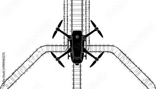 Drone, aerial, vector, black and white, illustration, overhead view, quadcopter, unmanned aircraft