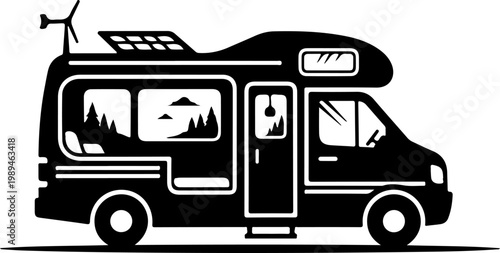 Black camper van, motorhome vehicle, RV illustration, travel trailer