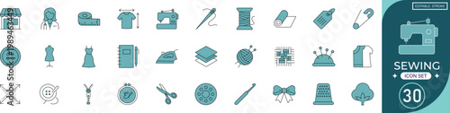 Sewing line icon set featuring needle, thread, scissors, tailor, machine, craft, fashion, stitch, fabric, button, thimble and mannequin. editable stroke vector set. professional icons.