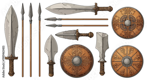 Assortment of medieval weapons and shields with wooden handles on a white background, flat lay.