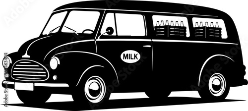Vintage milk delivery van, black and white illustration, classic car, milk truck