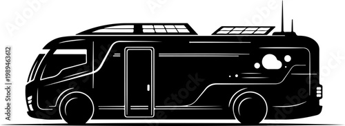 Modern camper van, recreational vehicle, motorhome, travel trailer, black silhouette