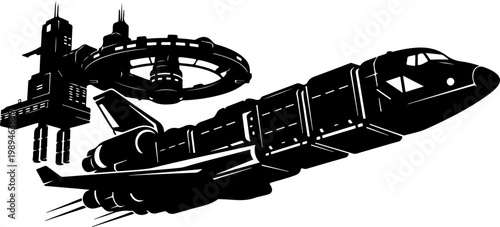 Spacecraft, Space Station, Black Vector Graphics, Futuristic Travel
