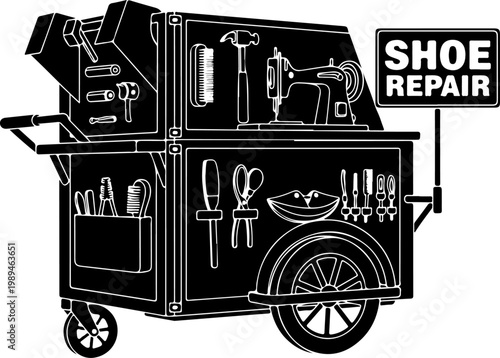 Black shoe repair cart, vector illustration, toolbox on wheels, cobbler's equipment