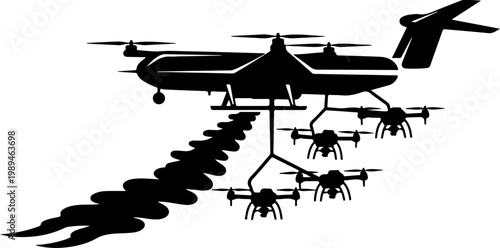 Drone swarm, black silhouette, military drone, robotic formation, flying machines