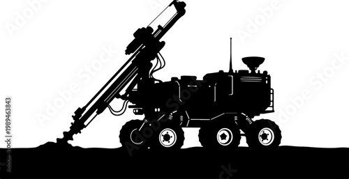 Drilling rig, industrial drilling machine, heavy equipment, construction vehicle, black silhouette