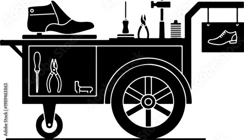Black shoe repair cart, cobbler's tools, vector illustration, shoe care equipment, footwear maintenance