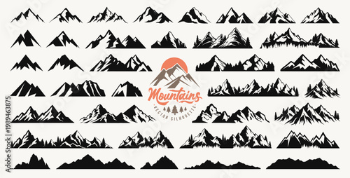 Set of mountain silhouette, nature landscape and hill peak background for social media travel business marketing. Mountain forest line art with pine or christmas tree. Hiking and camping logo or icon.