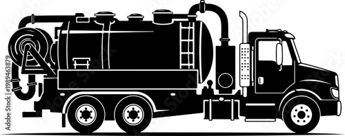 Black, industrial vacuum truck, waste management vehicle, suction tanker, heavy duty truck