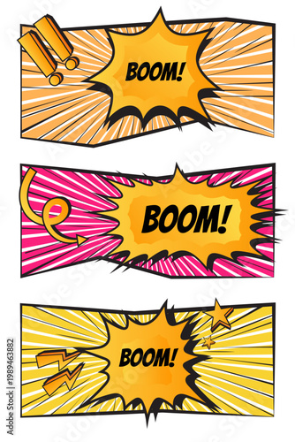 Set of comic page of colorful frames illustration, comic background template, colorful conversation template background, blank colorful comic abstract background with BOOM word