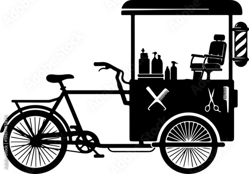 Barber tricycle, mobile hair salon, bicycle cart, black vector icon