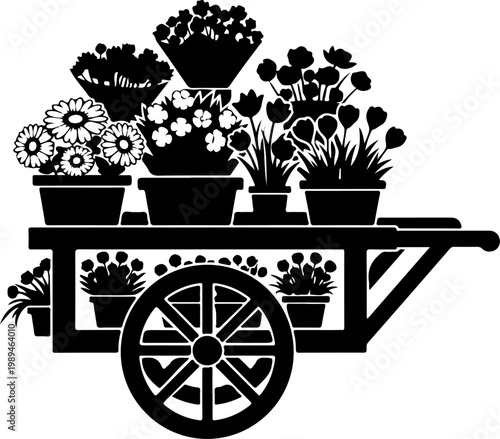 Black wheelbarrow, flower pots, gardening tools, silhouette illustration