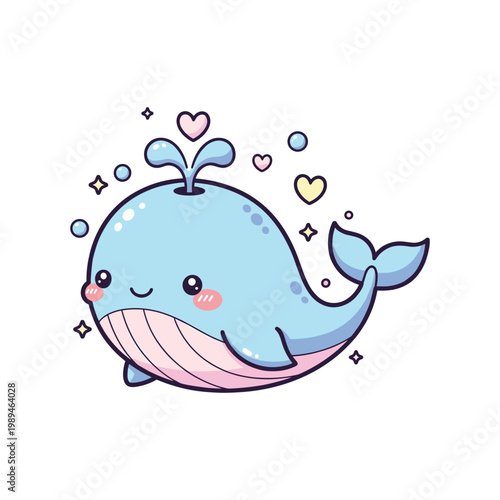 Cute blue and pink cartoon whale spouting water with hearts and bubbles