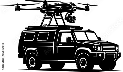 Vector SUV, drone on top, black silhouette, transportation, vehicle, drone, aerial, surveillance