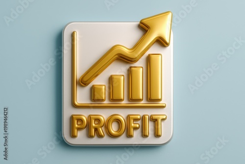 3D profit arrow icon glossy gold rising bar chart white metal frame business financial growth success concept