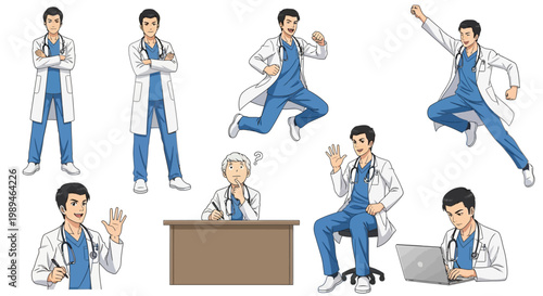 Collection of Doctor Poses and Actions in Medical Attire.