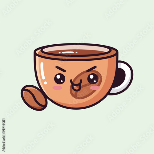 Cute cartoon coffee cup with face and coffee bean brown and pink