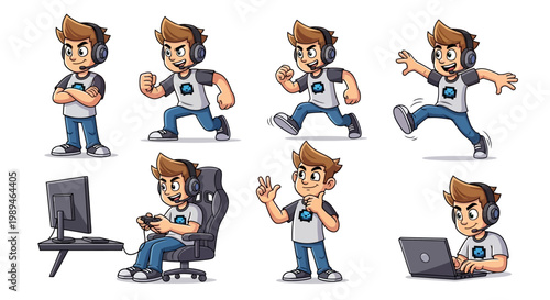 Young Boy Gamer Character Set in Multiple Poses.