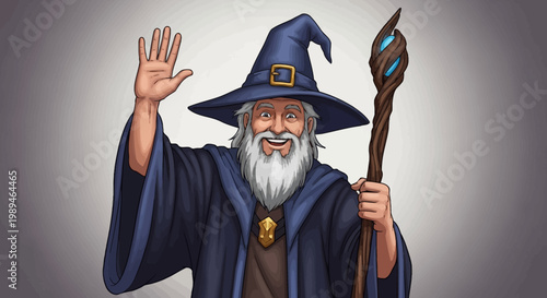 Friendly Wizard with Long White Beard and Staff.