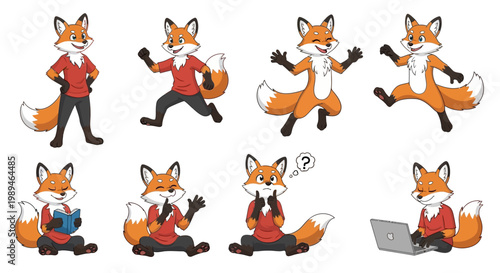 Collection of Adorable Cartoon Foxes in Various Poses and Activities.