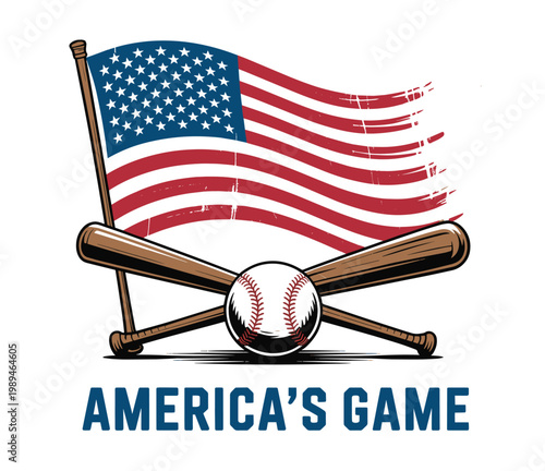 Photography Vintage American baseball emblem with USA flag and crossed bats, patriotic sport