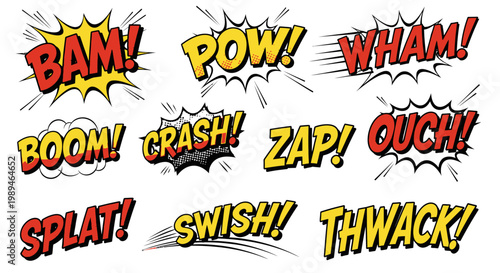 Colorful comic sound effects set on white background