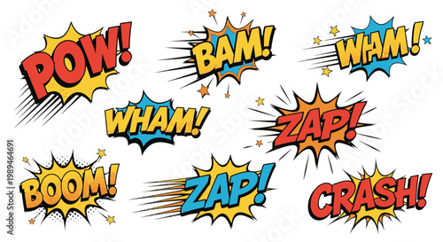 Colorful pop art comic explosion speech bubbles with action words