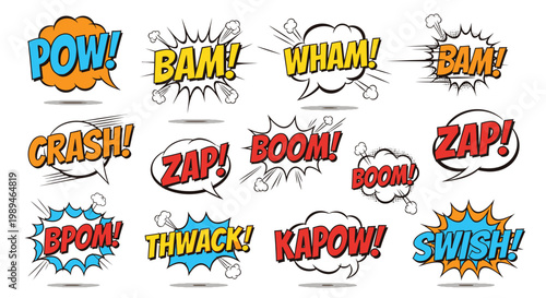 Colorful retro comic book sound effects and speech bubbles set