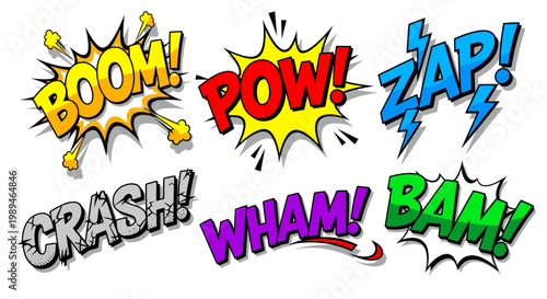 Colorful retro comic book sound effects on white background