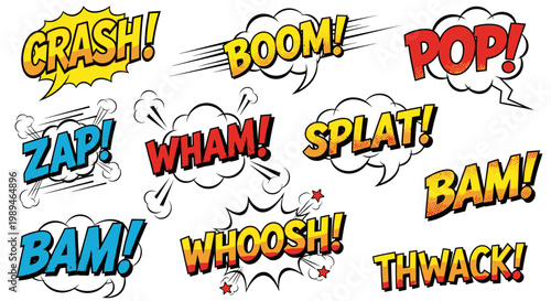 Colorful retro comic book sound effects on white background