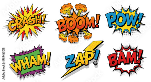 Colorful retro comic book sound effects set with speech bubbles