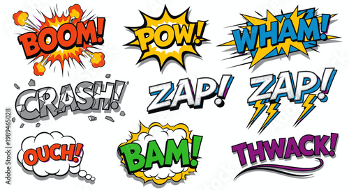 Colorful retro pop art comic book onomatopoeia sound effects