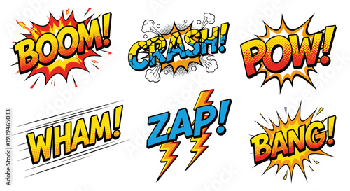 Colorful retro comic book sound effects set on white background