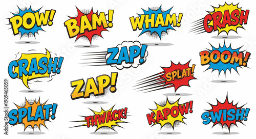 Colorful superhero comic book onomatopoeia sound effect bubbles set