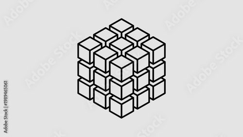 Wireframe 3x3x3 modular grid cube – Ideal for standardized data modules, scalability icons, or digital structural branding.