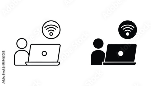 Remote work laptop user with wifi signal icon set featuring person with computer in outline and solid black styles for digital nomad and technology concepts