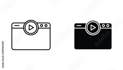Video player interface icon set featuring media screen with play button in outline and solid black graphic styles for digital media and streaming platforms