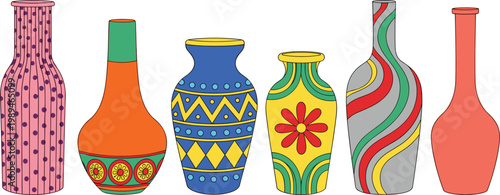 Colorful Decorative Vase Icons Set with Patterned Ceramic Floral Geometric Striped and Modern Pottery Bottles for Home Interior Design