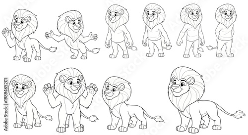 Collection of Cartoon Lion Character Poses and Expressions.