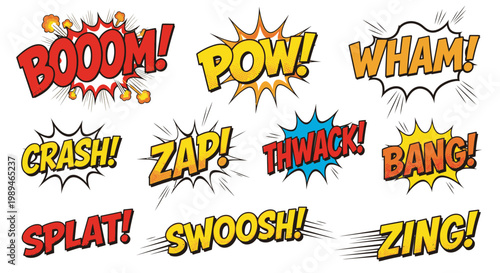 Comic book action bubbles with sound effects on white background