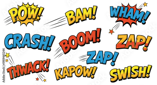 Comic book action sound effects collection on white background