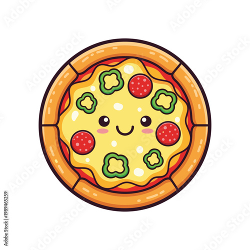Cute smiling cartoon pizza with pepperoni and green peppers