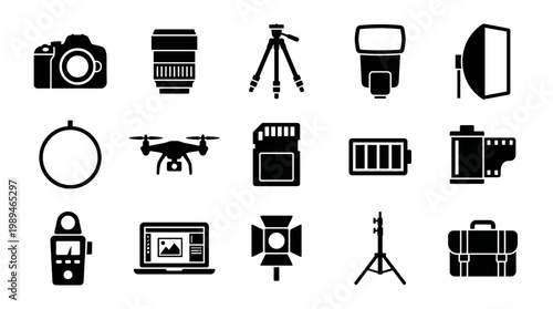 Collection of photography and filming equipment icons.