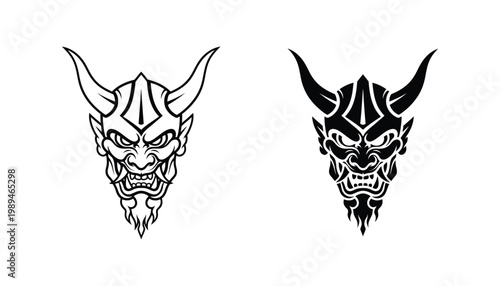 Japanese demon mask silhouette for traditional folklore or gaming character design elements