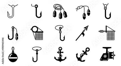 A collection of black and white vector icons depicting various fishing equipment and boating accessories, including hooks, nets, anchors, and a reel.