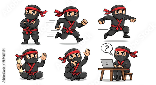 Set of Six Cartoon Ninja Poses and Actions.