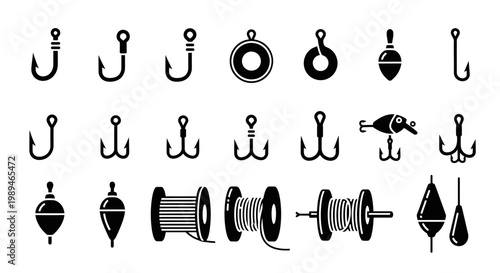 A collection of black and white icons representing various fishing tackle equipment including hooks, spools, floats, and lures for angling.