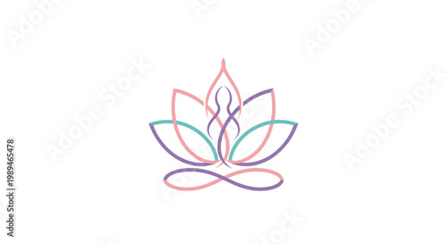 A minimalist line art logo featuring a lotus flower with a meditating human figure, rendered in soft pastel colors of pink, teal, and purple, symbolizing peace and wellness.